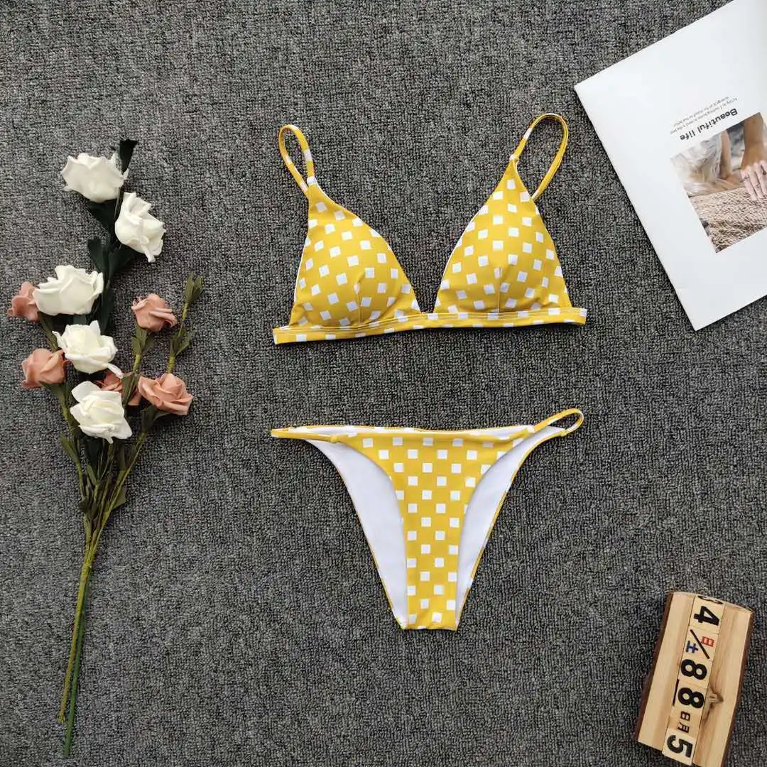 Cute Yellow Plaid Swimwear For Women Polyester Strappy Cut Out Matching Swimsuit Female On Beach Haute Thong Bikinis Set Push Up |