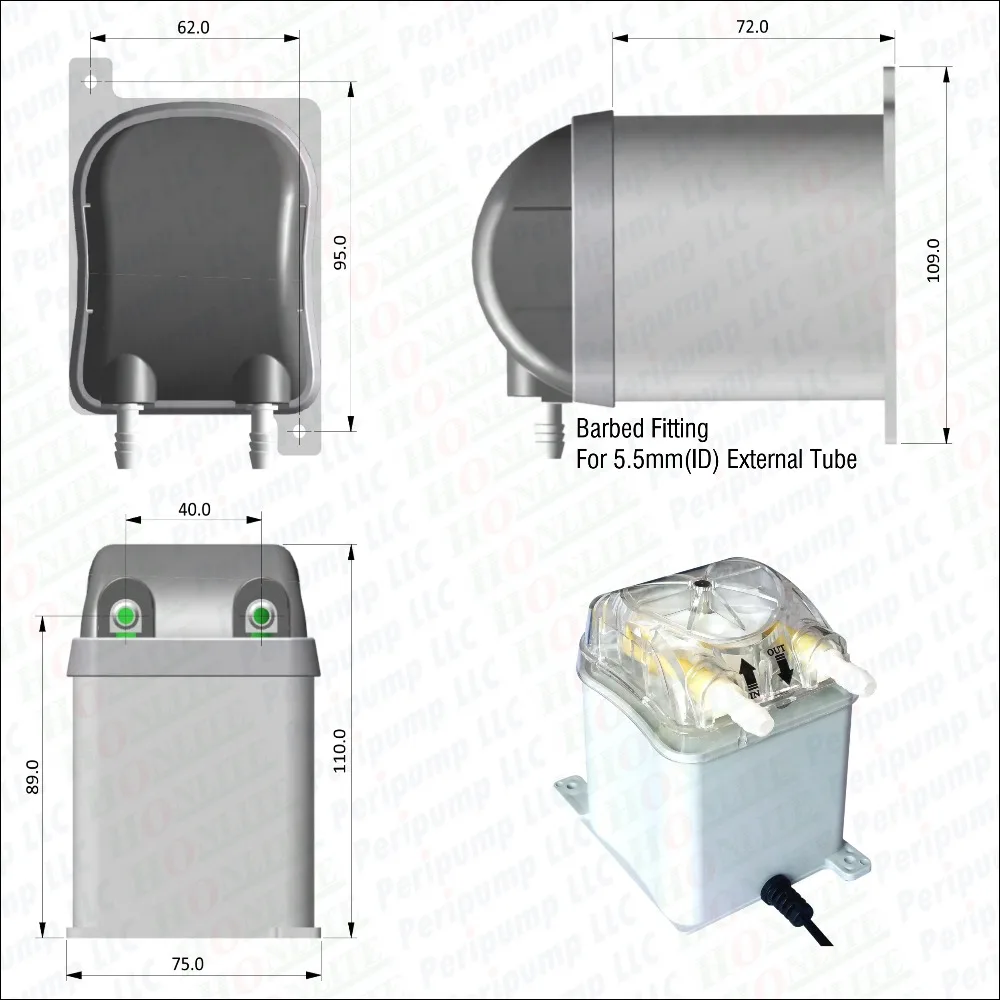 1000 мл/мин., 30psi, honlite 24V перистальтический насос с сменная насосная насадка и PharMed BPT Перистальтический трубка