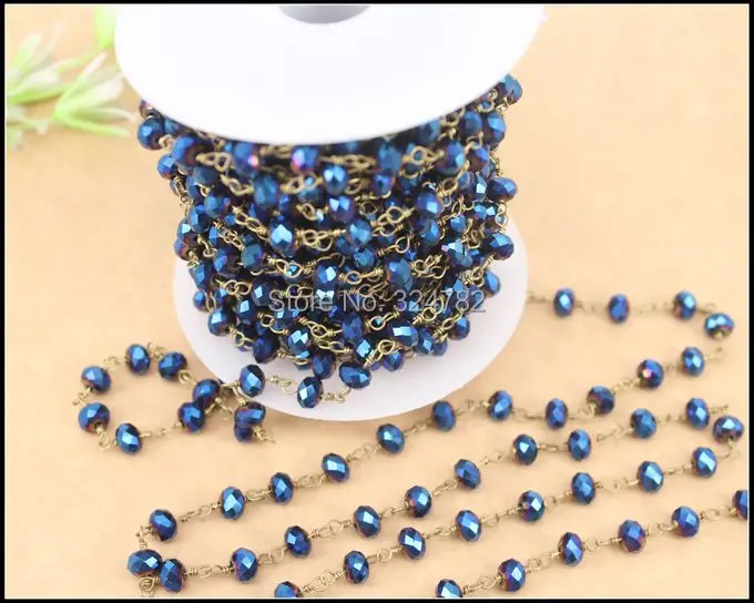 

5 Meters DIY Dark Blue with AB color Wire Wrapped Beaded Chain Rosary chain faceted Crystal roundel beads for Necklace bracelet