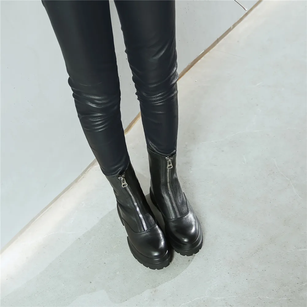 Ботинки с молнией спереди; женские ботильоны из натуральной кожи с круглым носком на высоком толстом каблуке 5 см и платформе в западном стиле; TN16 muyisxi