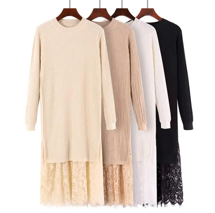 

2018 Women Lace Knit Sweater Dress O-neck Winter Straight Knitting Long Dress Korean Fashion Shift Loose Dress