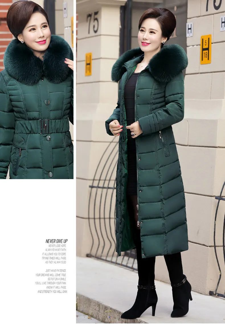 Зимняя куртка для женщин среднего возраста X-Long размера плюс толстый меховой воротник зимнее пальто для женщин длинные парки с капюшоном хлопковая верхняя одежда L-5XL