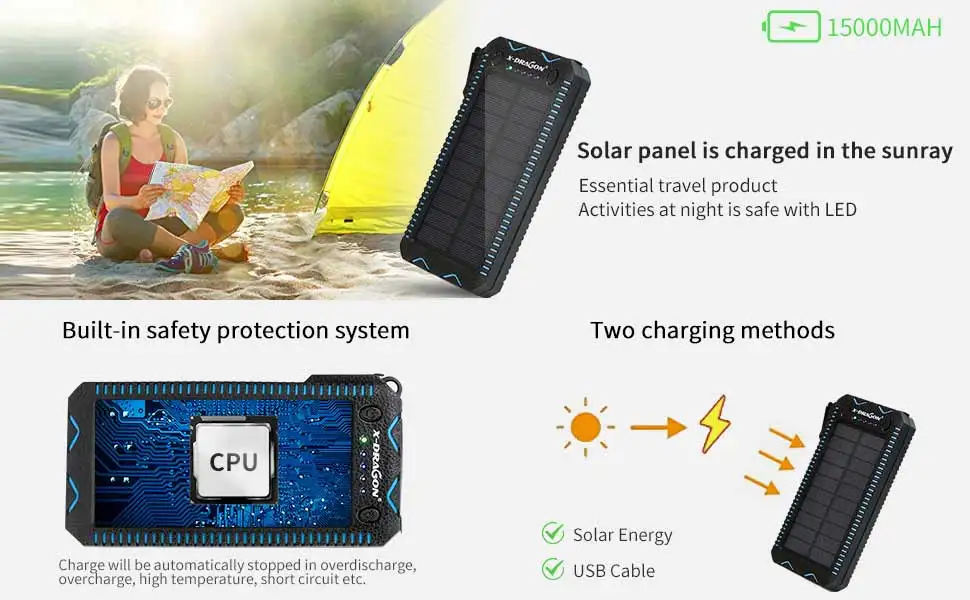 Портативное водонепроницаемое солнечное зарядное устройство, внешний аккумулятор 15000 мАч, внешний аккумулятор для телефона, USB светодиодный, солнечное зарядное устройство, электронная зажигалка
