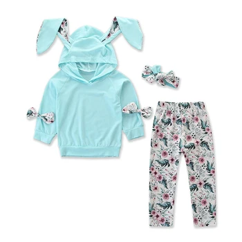 

Autumn Children Girl Casual Long Sleeve Rabbit Ear Design Hoodie Sweatshirt Tops+Floral Pants+Headband Set