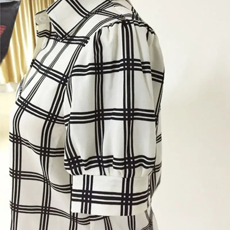 Women's Long Sleeve White Shirts Plaids Pattern Lapel Casual Blouse Tops