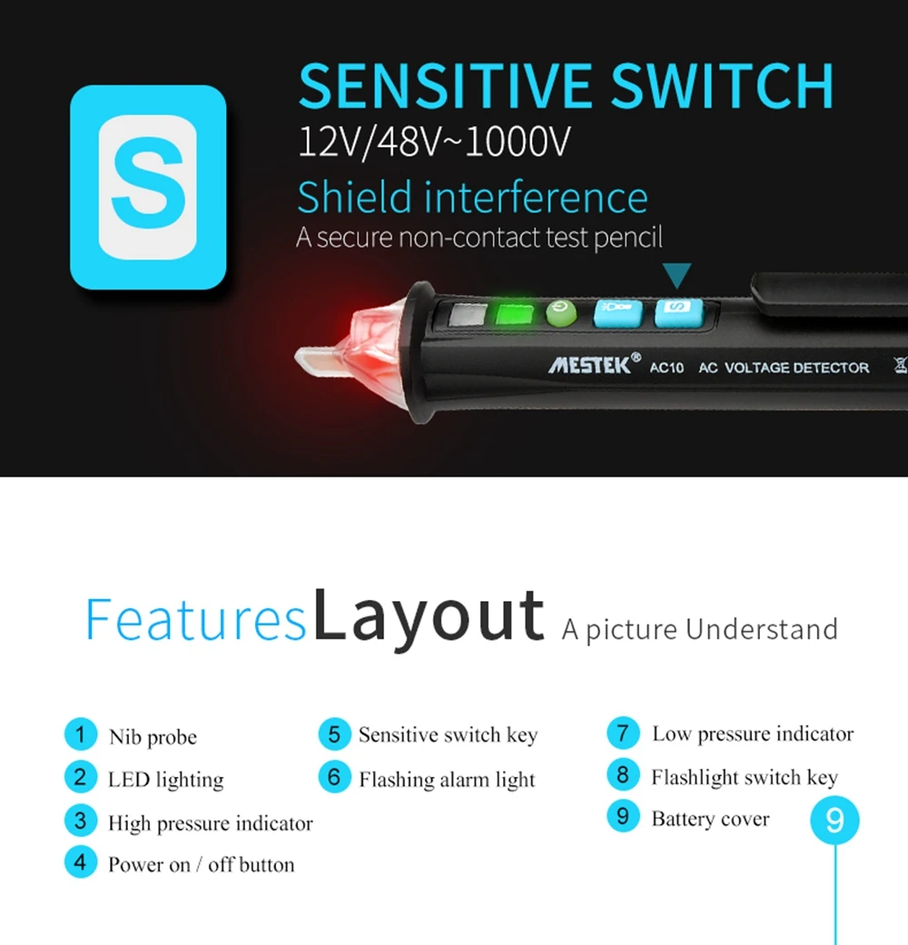 MESTEK AC10 Бесконтактный детектор напряжения переменного тока Тестер Напряжения Ручка регулируемый диапазон звукового сигнала 12 В~ 1000 В с фонариком