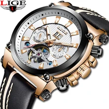 Top Luxury LIGE Openwork Tourbillon Sports Watch Mens Automatic Rose Gold Leather Mechanical Watch Casual Waterproof RelojHombre