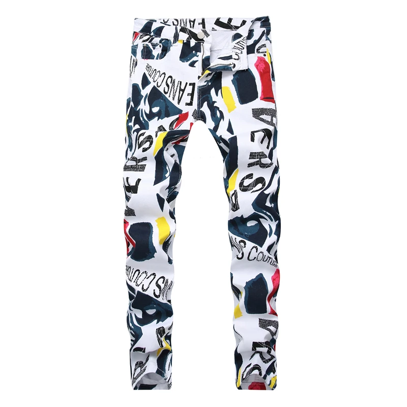 Мужские облегающие джинсы в стиле хип хоп rock street wear белые с принтом граффити