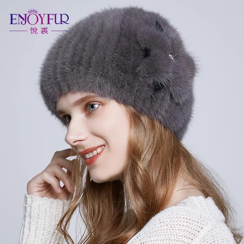 

ENJOYFUR Real Mink Fur Hats For Winter Women Wool Lining Cap With Rhinestone Hat Fur Knitted Beanies With Flower Decoration