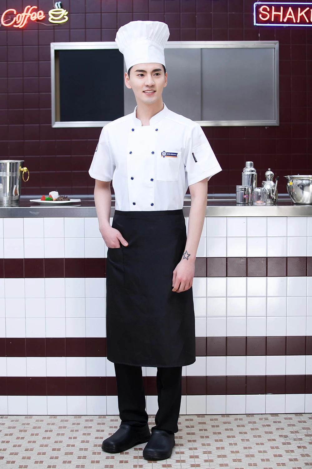 Новая летняя оптовая продажа женская мужская с коротким рукавом двубортная вышивка кухня ресторан пекарня Кофейня шеф-повар куртка