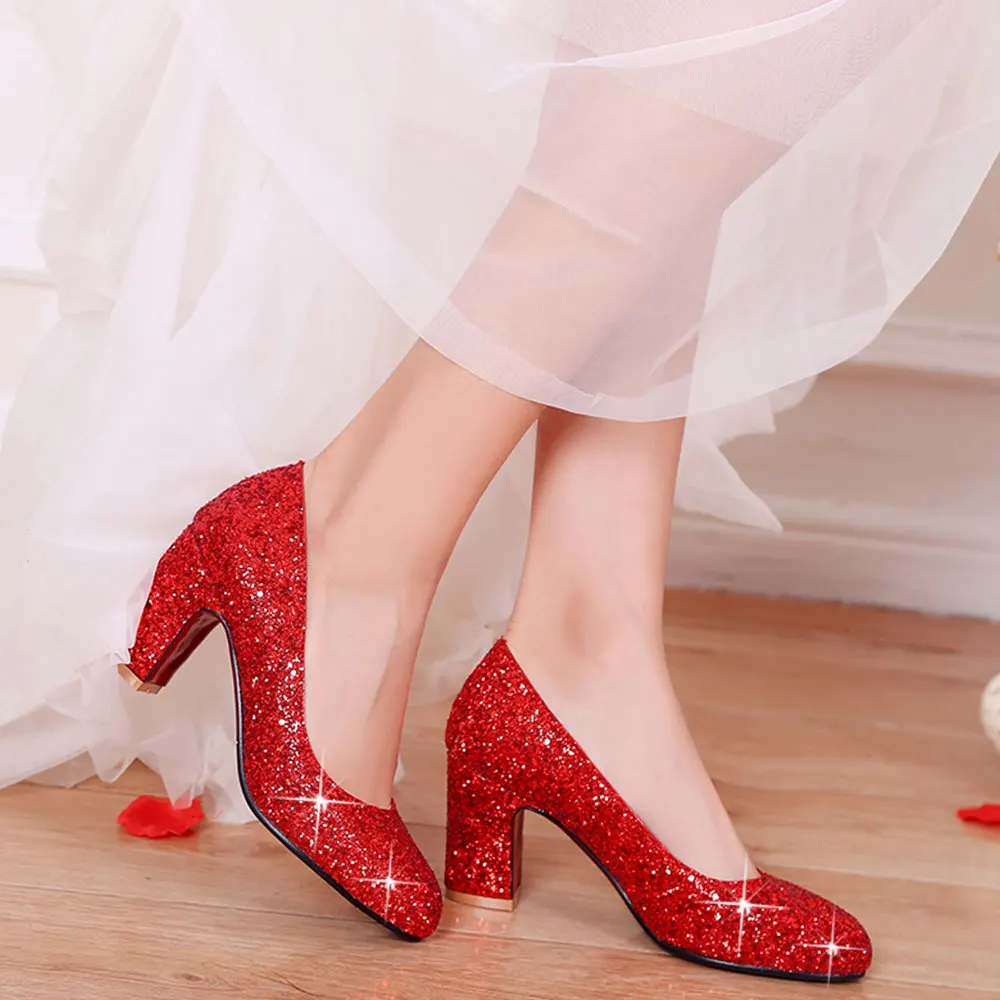 Sgesvier/красные, золотые, серебряные туфли с круглым носком на толстом каблуке; вечерние, свадебные, модные блестящие туфли на высоком каблуке; женские туфли-лодочки; B906