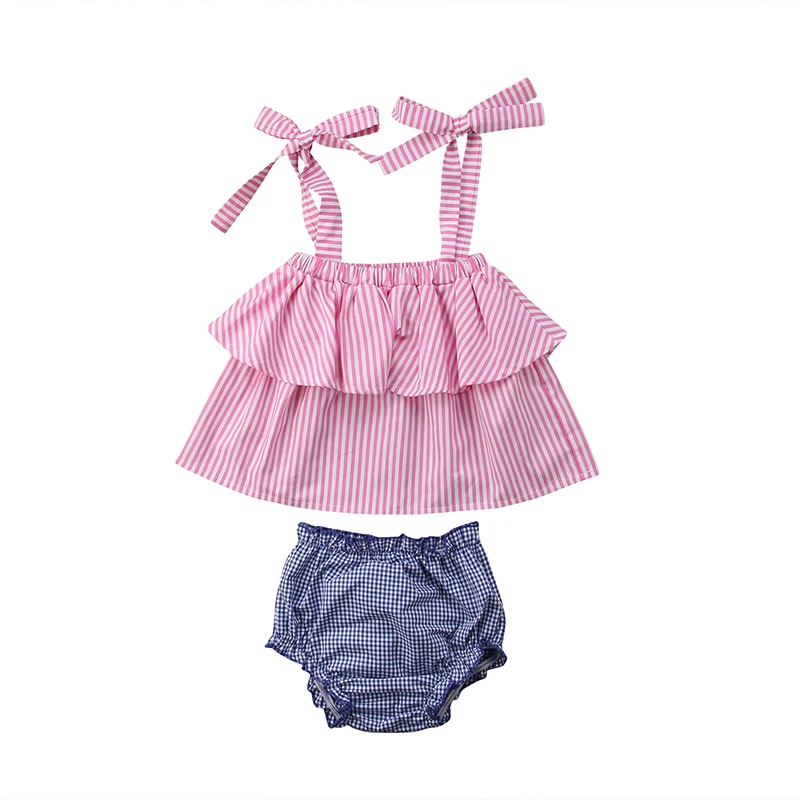 0 24M Newborn Baby Girl Summer Clothes Sleeveless Layered Striped Tank Tops+Blue Plaid Shorts