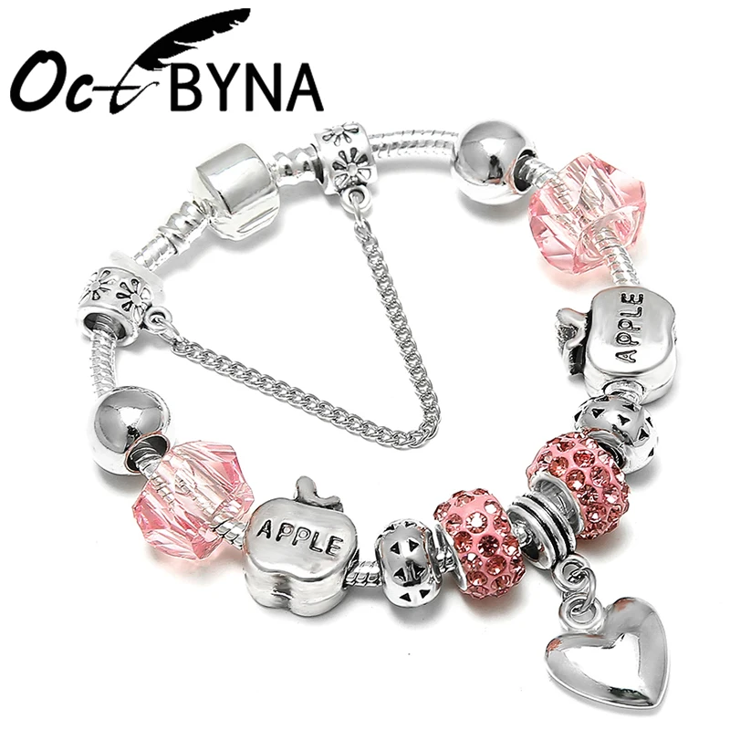 

New Fashion Charm Bracelet&Bangles For Women Lovely Silver Apple Heart Beads Crystal Pandora Bracelet Girl Jewelry Femme Bijoux