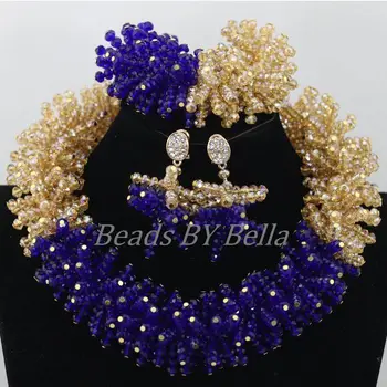 

Popular Design Handmade Crystal African Wedding Beads Royal Blue Gold Nigerian Bridal Jewelry Sets 2017 New Free Shipping ABF987