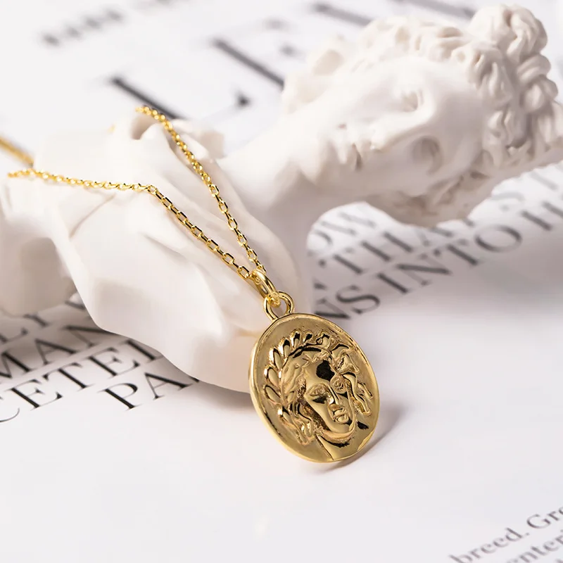 golden portrait pendant necklace 100% 925 Sterling silver nacklace Jewellery Clavicle chain pendant charms