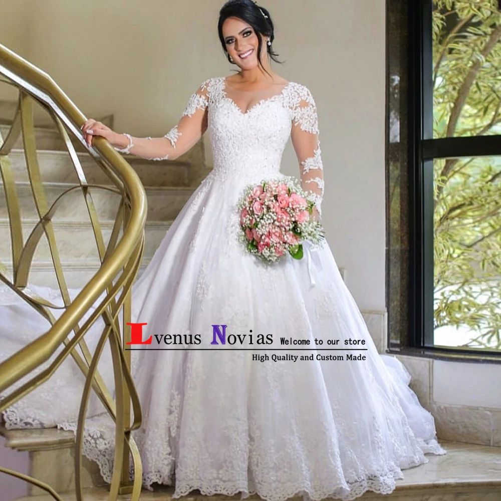 

vestido de noiva princesa Vintage Lace Long Sleeve Ball Gown Wedding Dresses 2019 Bride Dress Plus Size Wedding Dress Casamento