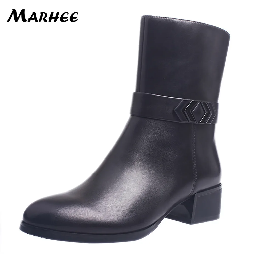 

MARHEE Genuine Leather Black Mid-Calf Boots Women's Shoes Winter Fashion Female Ladies Booties Round Toe Zipper