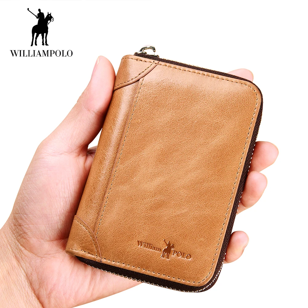 

WILLIAMPOLO 2018 Genuine Leather Men Wallet Cards Holder Card Case Clutch Driving License Large Capacity Zipper Vintage Apricot