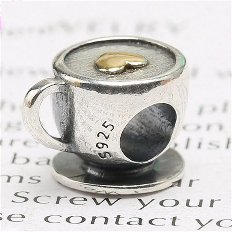 

Authentic 925 Sterling Silver Bead Coffee Heart Cup Charm Fit Original Pandora Bracelets Bangles Women DIY Europe Jewelry Gift