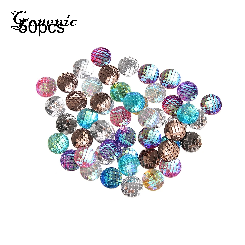 

50 Pcs Practical 12mm Mix Color Fish Scales Style Flat Back Resin Cabochons Cameo Rhinestone Shiny Beads Jewelry Accessories