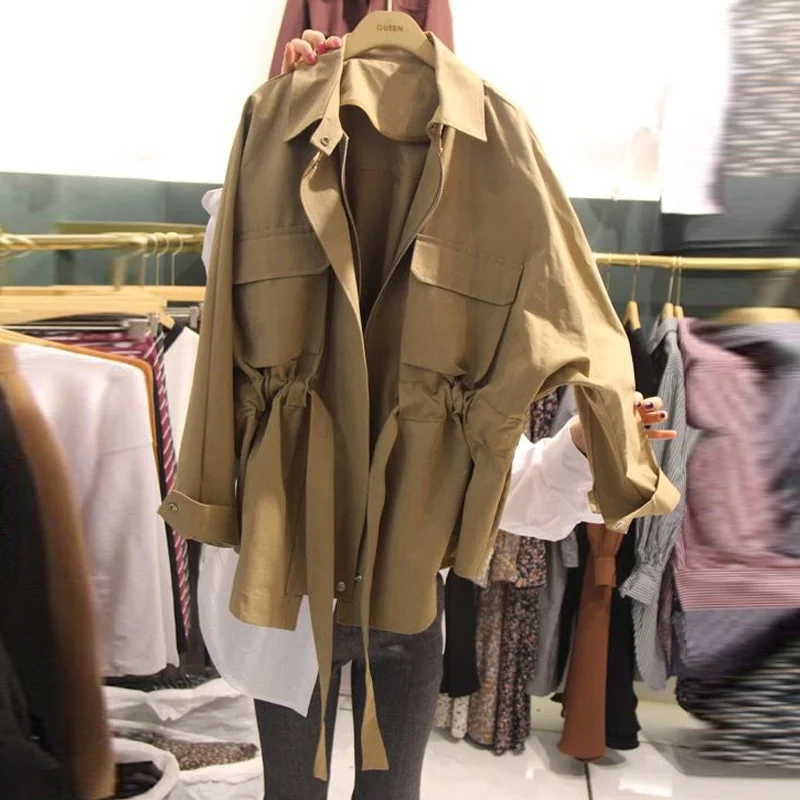 

Korean Pockets Personality Patchwork Type Women Jackets 2019 New IdeaAutumn Vogue Wild Single Breasted Girls Army Green Coats