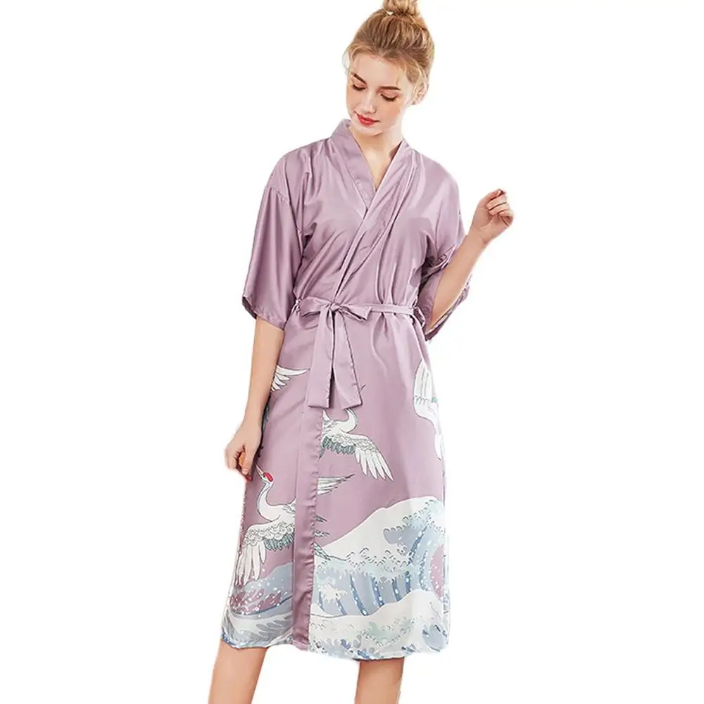 Имитация шелка женская пижама халат наборы печати Половина рукава пижамы Нижнее белье Сексуальная женская летняя одежда stich pijama 4EM - Цвет: Robes