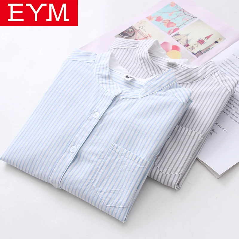 Achat MEJ Rayé Chemise Femmes 2018 Automne Nouveau Stand Col Coton Casual Blouses Dames Lâche Manches Longues Chemises Femmes Tops et blouse