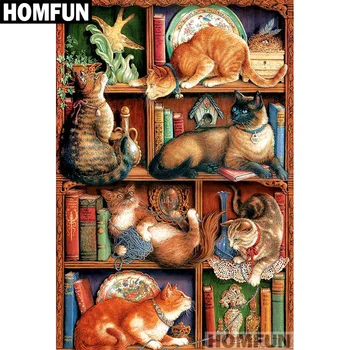 

HOMFUN Full Square/Round Drill 5D DIY Diamond Painting "Bookshelf & cat" Embroidery Cross Stitch 5D Home Decor Gift A01674