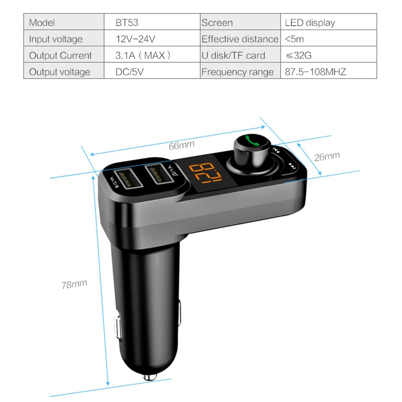 BT53 Bluetooth автомобильный набор, Handsfree, FM передатчик, Беспроводной A2DP Автомобильный MP3-плеер Поддержка TF U диск Dual USB 5 V 3.1A заряда