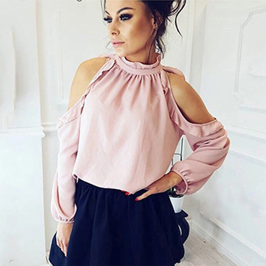 

Women Shirt Sexy Off Shoulder Solid Blouse Casual Long Sleeve Ruffle Pink Female Shirt Fashion Breathable Plus Size High Quality
