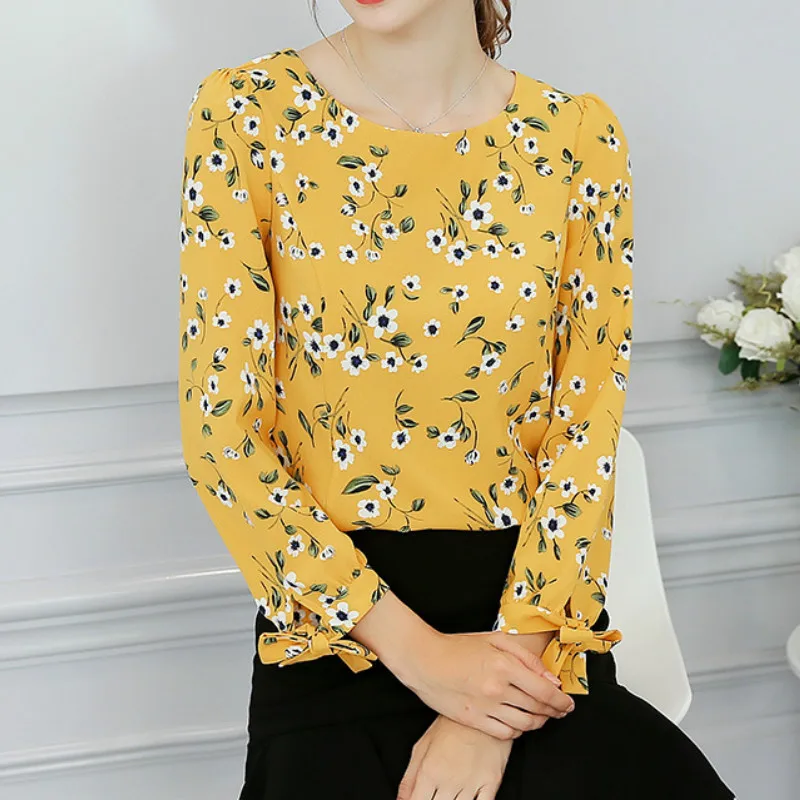 

2019 New Blouse Women Spring Autumn Fashion Chiffon Long Sleeve Yellow Floral Summer Shirt Womens Tops Blouses Plus Size Top