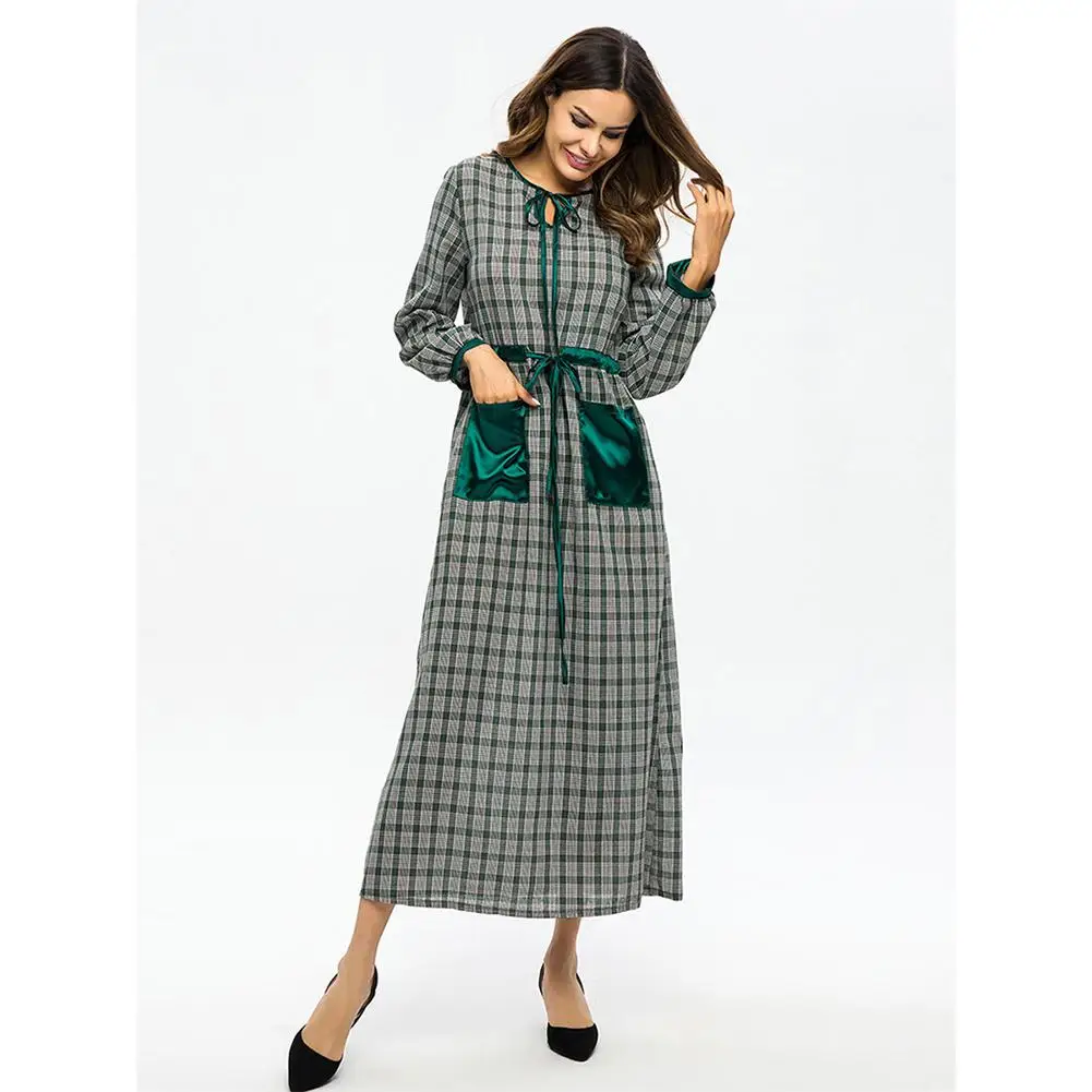 

Yfashion Women Retro Plaid Printing Tight Waist Lacing Slim Muslim Long Dress with Pockets