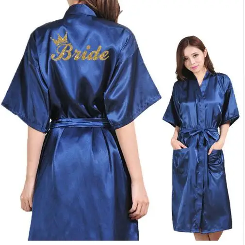 Bride Crown Team Bride Golden Glitter Print Long Section Kimono Robe Women Bachelorette Wedding Faux Silk Robe