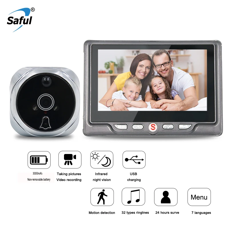 

4.3 '' Saful 3000mAh Wireless Peephole Door Camera Digital Video Doorbell with Night Vision Motion Detection Door Viewer