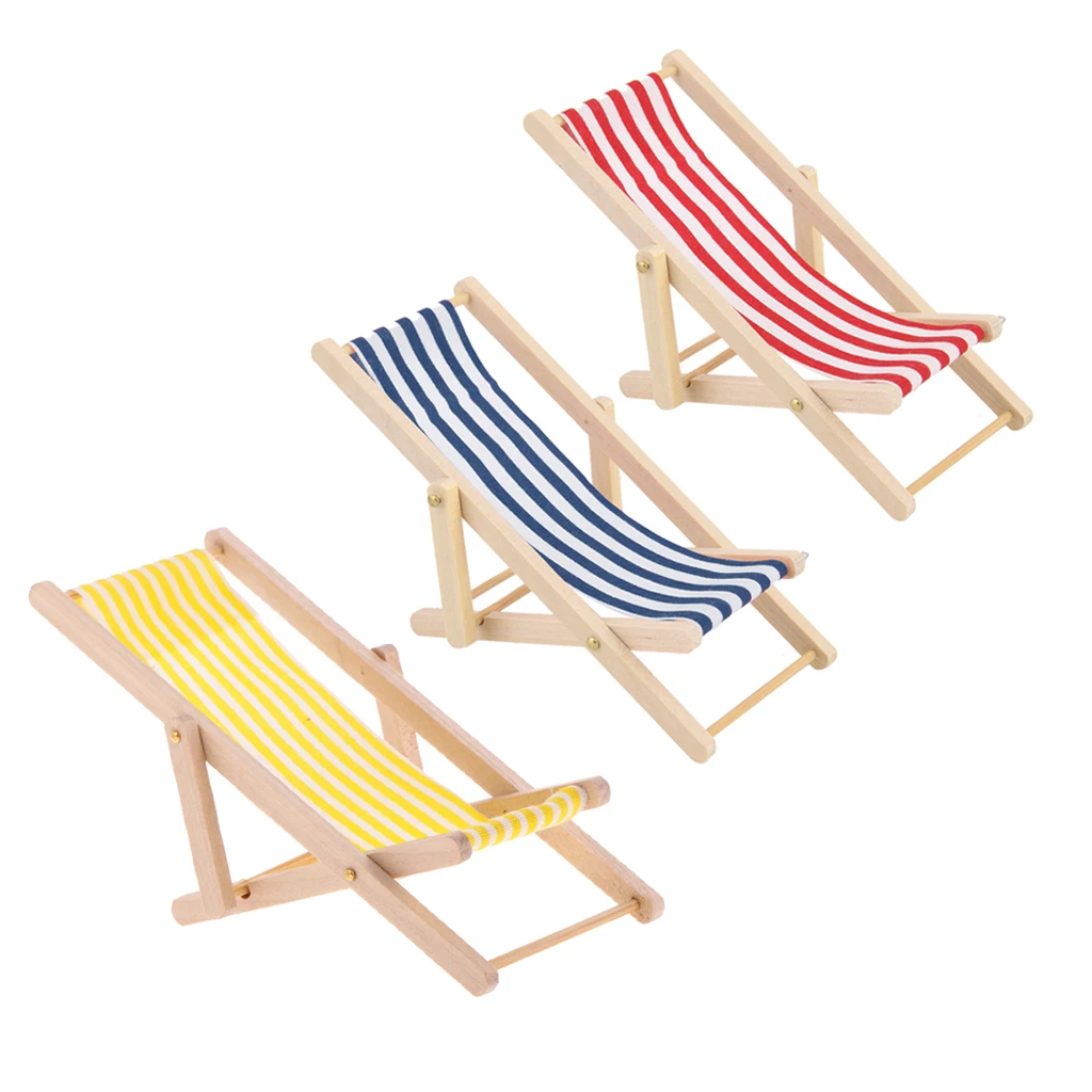 3pcs 1/12 Dolls House Miniature Stripe Wooden Lounge Beach Lawn Chair