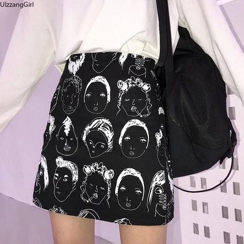

Cartoon Girl Character Graffiti Face Print High Waist Mini Student Lolita Kawaii Pretty Skirt Korean Harajuku Women Bandage Cute