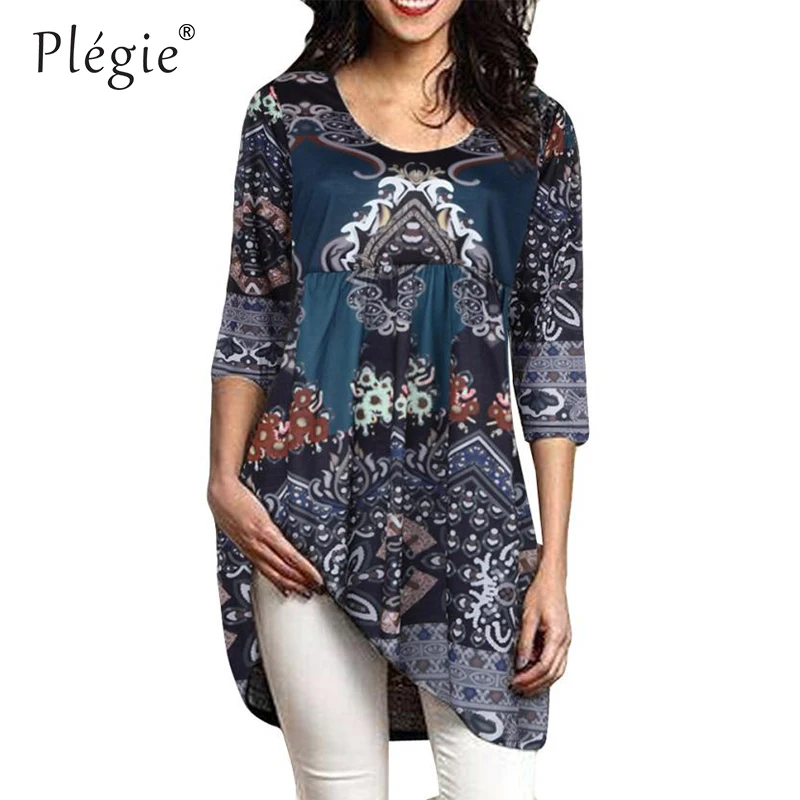 

Plegie Three Quarter Sleeve Printed Long Blouse Women 2018 New Autumn Top Pullover 5XL Plus Size Womens Tops and Blouses
