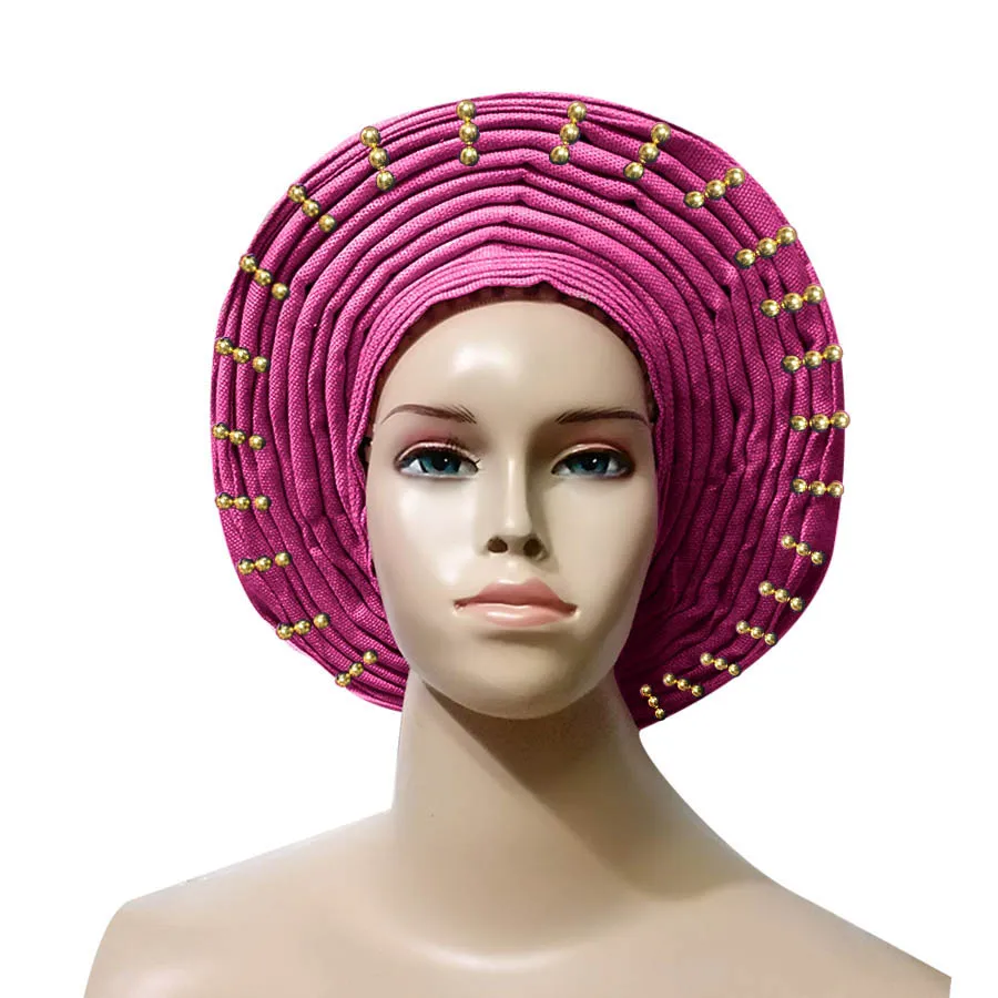 Нигерийский геле головной убор Aso oke головной убор с бисером готов носить - Цвет: fushia