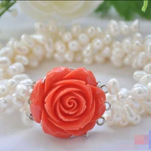P5190 4row " белый рис пресноводный жемчуг браслет розовый цветок Благородный стиль Природный Изысканные jewe Быстрая