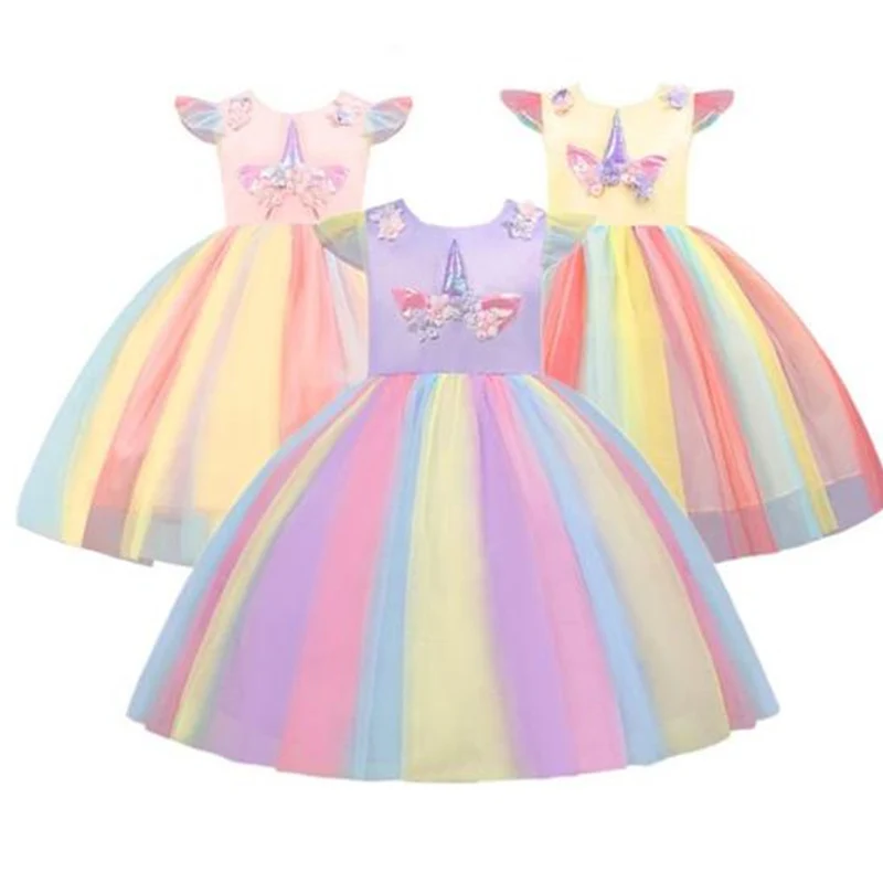 

Girls Unicorn Tutu Dress Rainbow Princess Children Party Dress Girls Elegant Princess Wedding Gown Summer Children Clothing 8T
