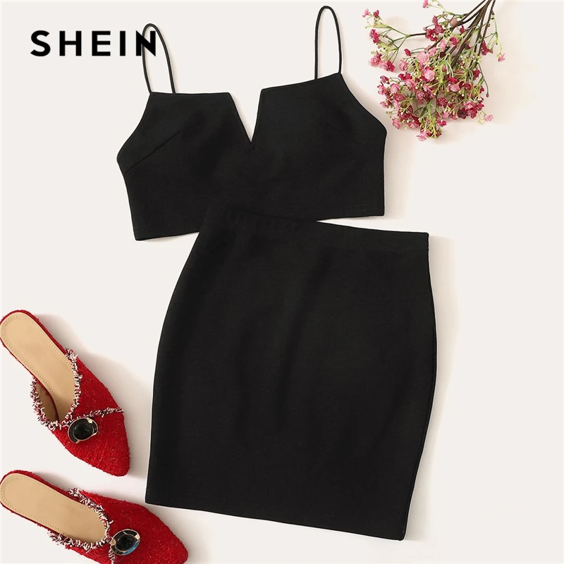 

SHEIN V-Cut Crop Cami Top And Skirt Set Sexy Solid Notched Spaghetti Strap Summer Sleeveless Women Two Piece Sets