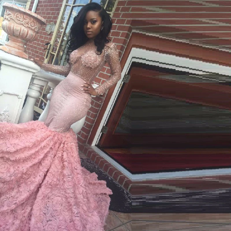 Robe de Soiree African Luxury Mermaid Pink Prom Dresses 2017 Sexy Sheer Lace Crystal Ruffled Long Evening Party Dress 