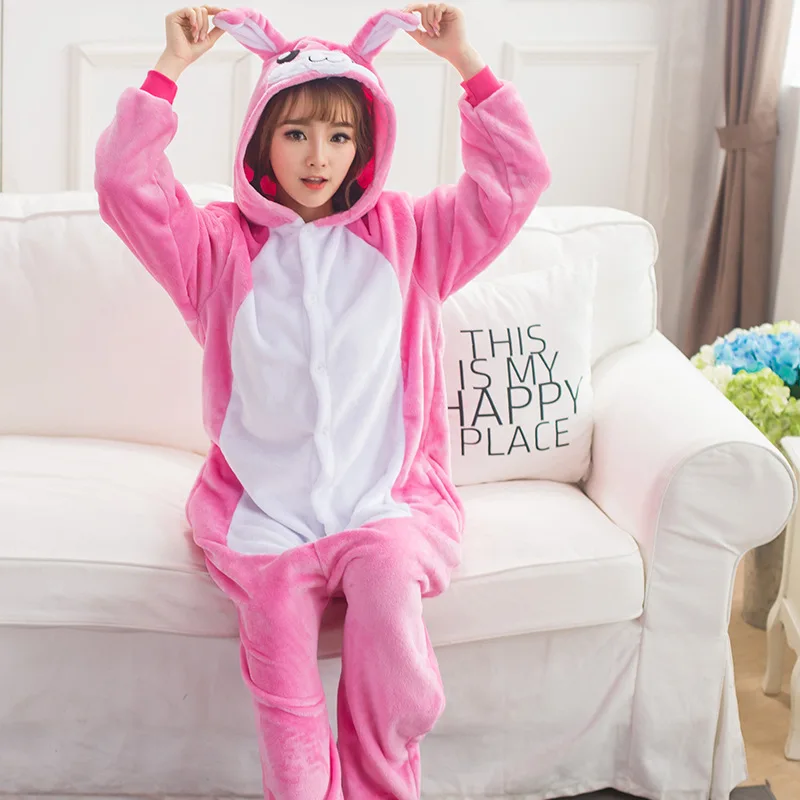 Взрослые животные Kigurumi розовый кролик пижамы комплект косплей молния комбинезон зимний унисекс мультфильм пижамы