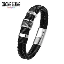 Xionghang Модный черный плетеный кожаный браслет, титановый браслет из нержавеющей стали, мужской браслет, мужские ювелирные изделия, винтажный подарок