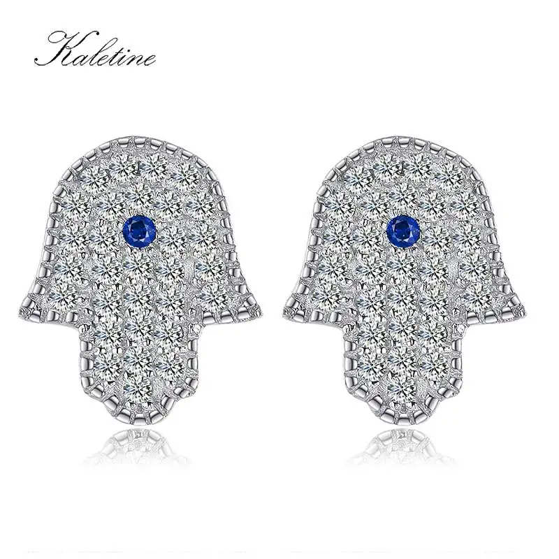 Genuine 925 Sterling Silver Micro Pave CZ Good Luck Turkey Hamsa Hand Stud Earring