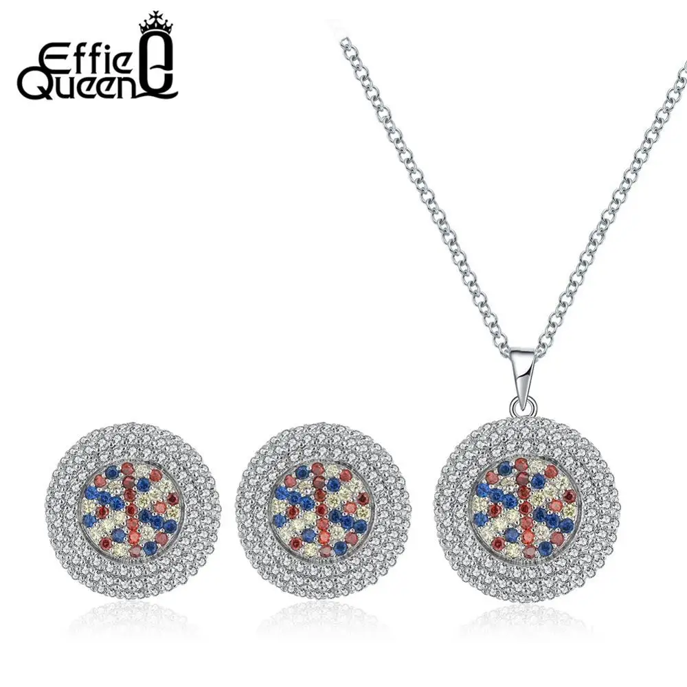 

Effie Queen Big Round Stud Earrings+Pendant Necklace With AAA Zircon Colorful Stone Women Wedding Jewelry Set Party Gift DOS133