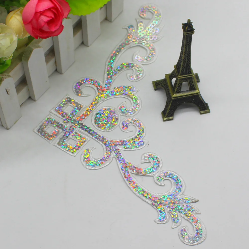 Sequined Applique Gold Embroidery Patches Trims sewing patches,clothing accessories Iron on Cosplay Costumes For Dress 23.5*9cm 1 Piece