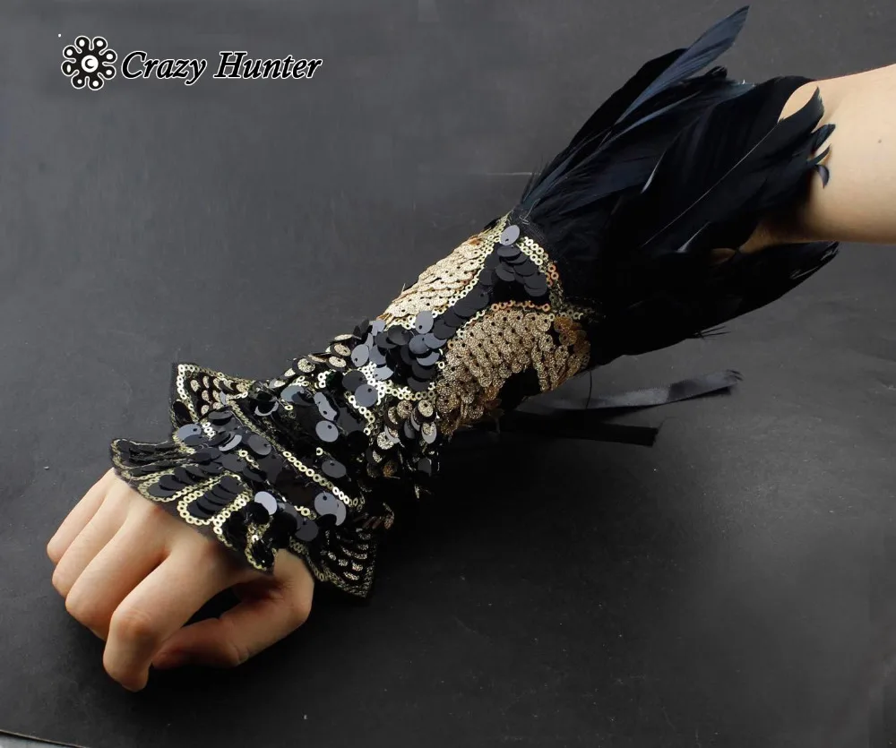 Womens Steampunk Goth Party Costume Luxury Feather Fingerless Glovesin