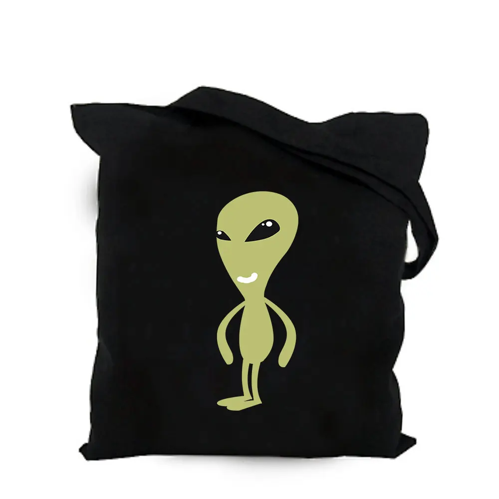 2019 cute space alien black cotton canvas bag customized kawaii girl tote bag custom shopping bags with logo for men or women  (8)