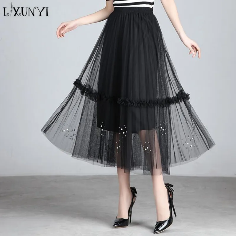LXUNYI плиссированная юбка Весна Лето Новая женская сетчатая юбка длинная с резинкой в талии Милая гофрированная Лоскутная элегантная юбка с бисером